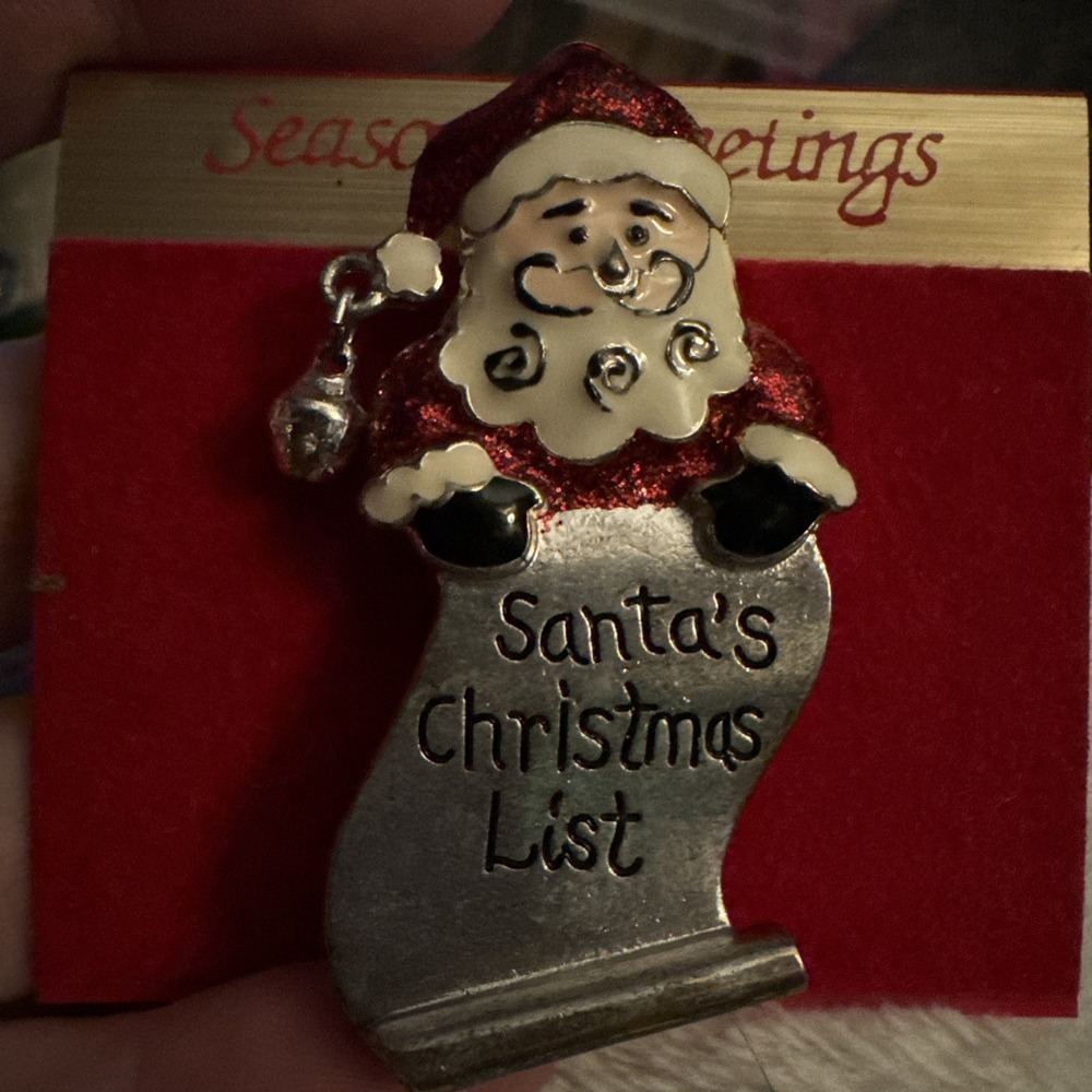 New Brooch Pin Christmas Santa's Christmas List Silver Tone Enamel Dangling Bell